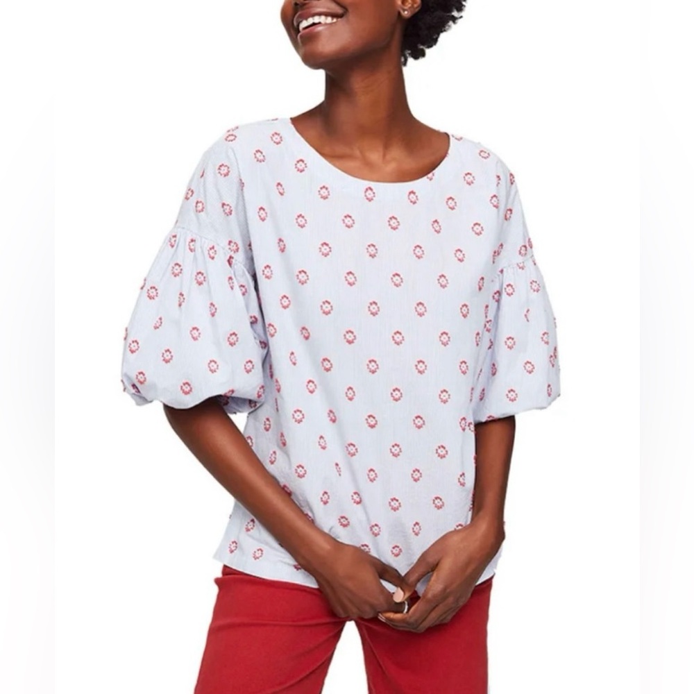 LOFT Embroidered Poplin Blouse with 3/4” Puff Sleeves Size Large